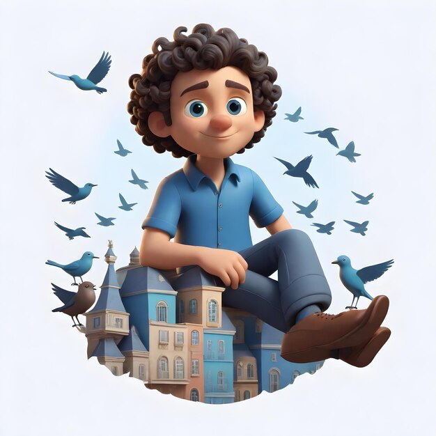 a boy sits in front of a blue building with a lot of birds around him