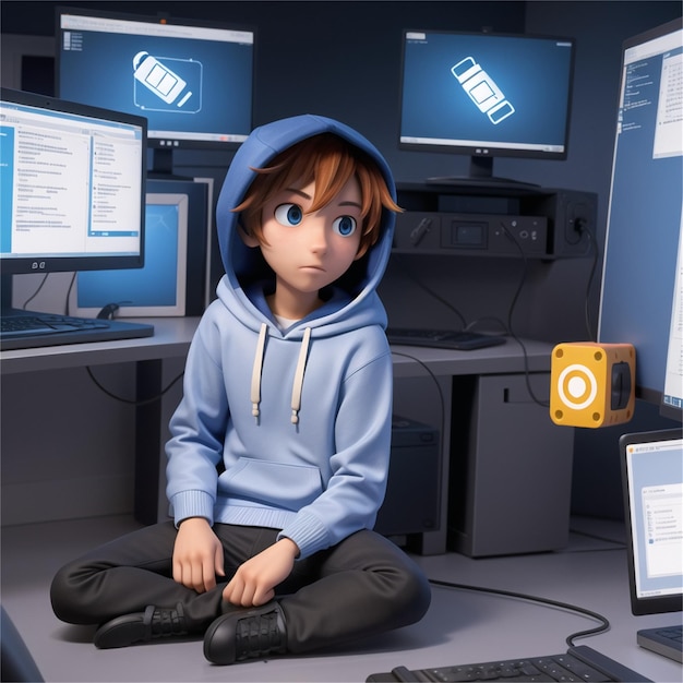 a boy sits in front of a computer with a blue screen behind him.