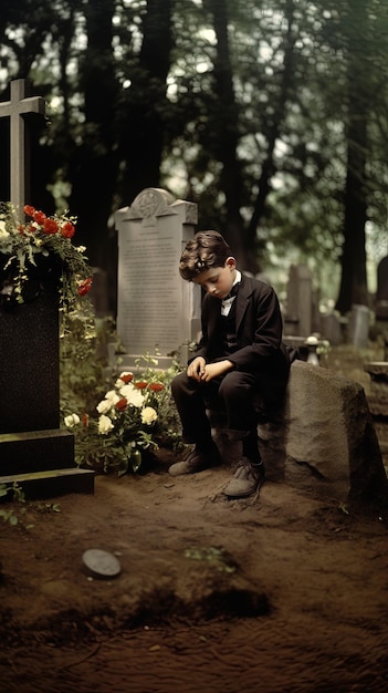 Photo a boy sits in front of a grave with a grave marker in the background.