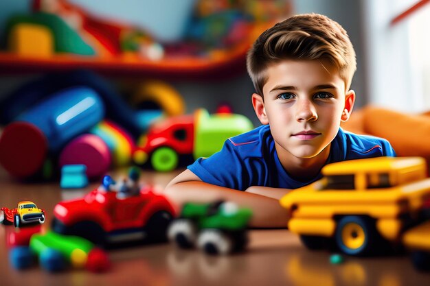 A boy sits in front of a pile of toys.