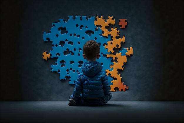 A boy sits in front of a puzzle piece that says'the word puzzle '