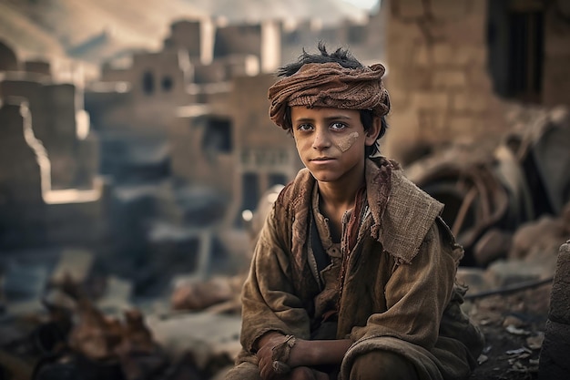 A boy sits in front of a ruined building.