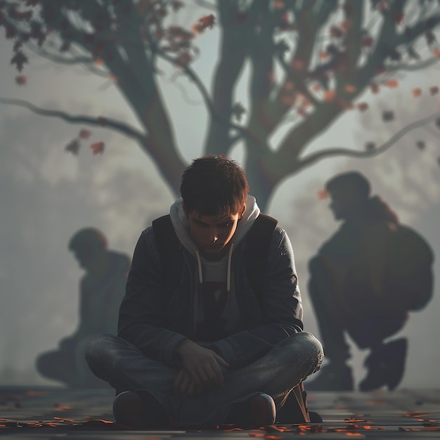 a boy sits in front of a tree with the words quot the word quot on it