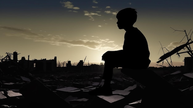 A boy sits on a ledge in front of a sunset.