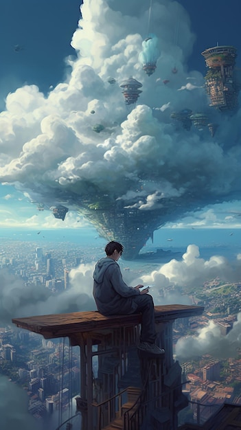 A boy sits on a ledge looking at a cloud