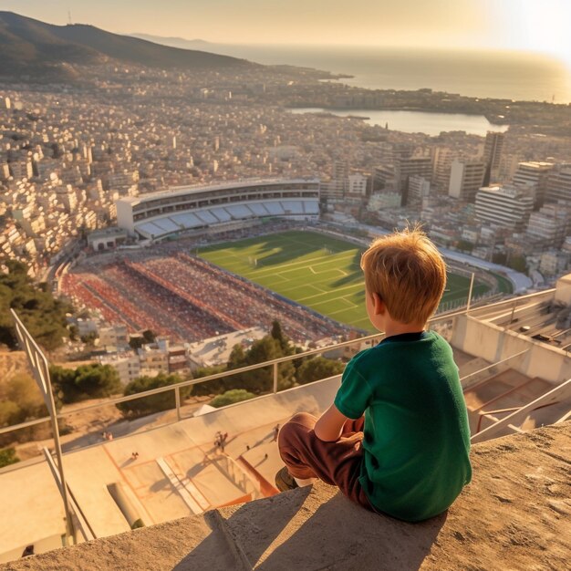 少年が棚に座ってサッカースタジアムを眺めており、背景にはアテネの街が見えます。