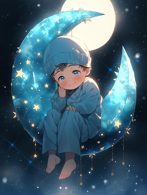 A boy sits on a moon with the stars on it.