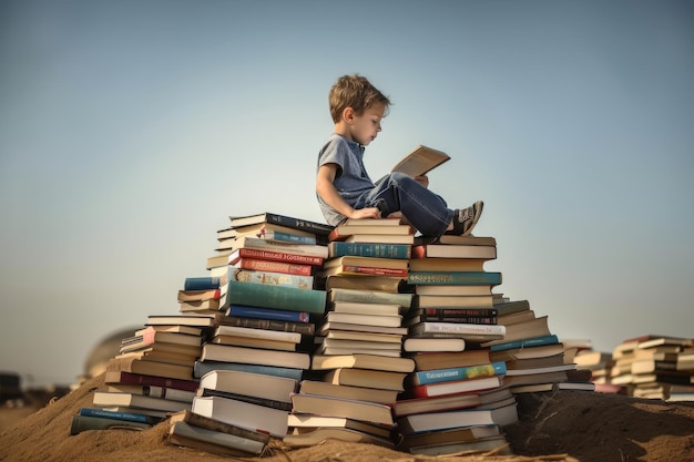 A boy sits on a pile of books reading a book.