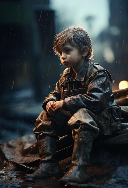 a boy sits in the rain with his hands on his hips