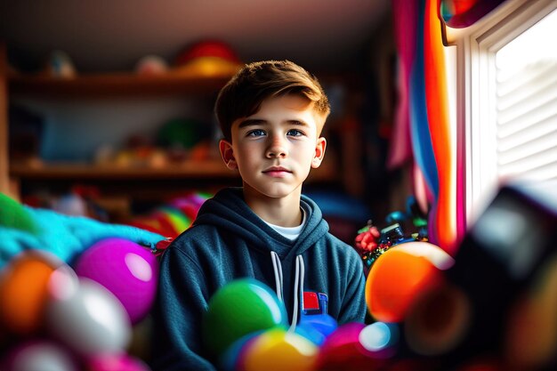 A boy sits in a room full of balls.