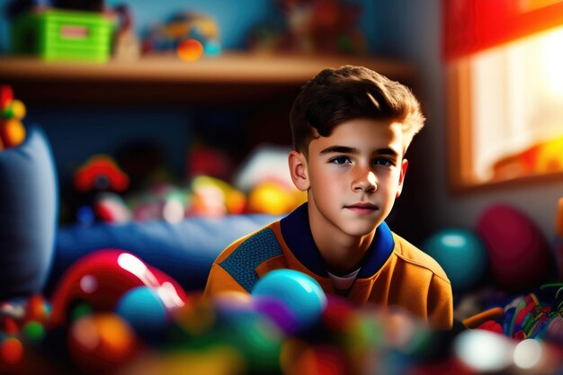 A boy sits in a room with a colorful ball and a blurry background.