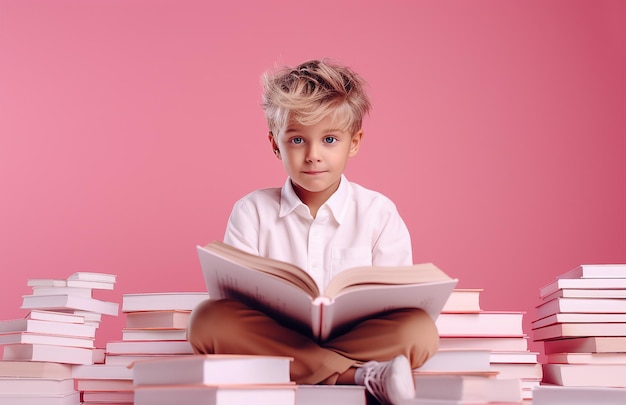 a boy sits on a stack of books with a pink background