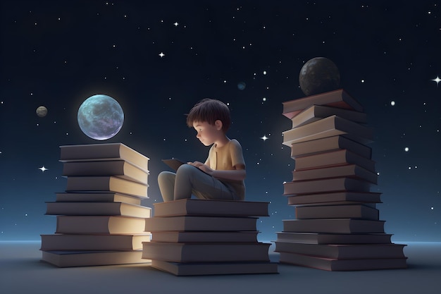 A boy sits on a stack of books with a planet in the background.