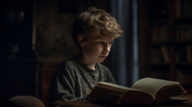 A boy sits at a table reading a book.