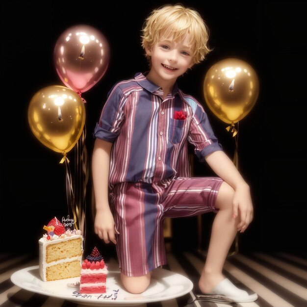 a boy sits on a table with balloons and a cake with a cake on it.