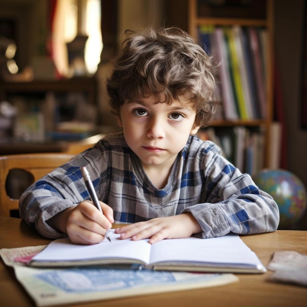 男の子がテーブルに座ってその上に書かれた本を持っています