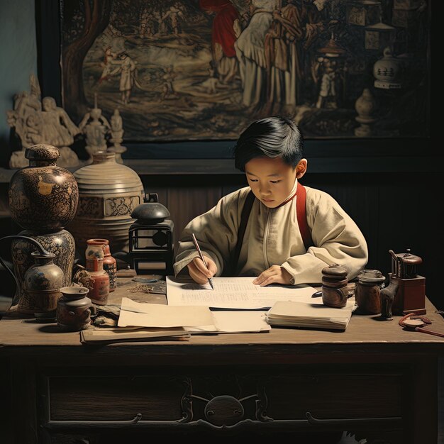 a boy sits at a table with a painting behind him