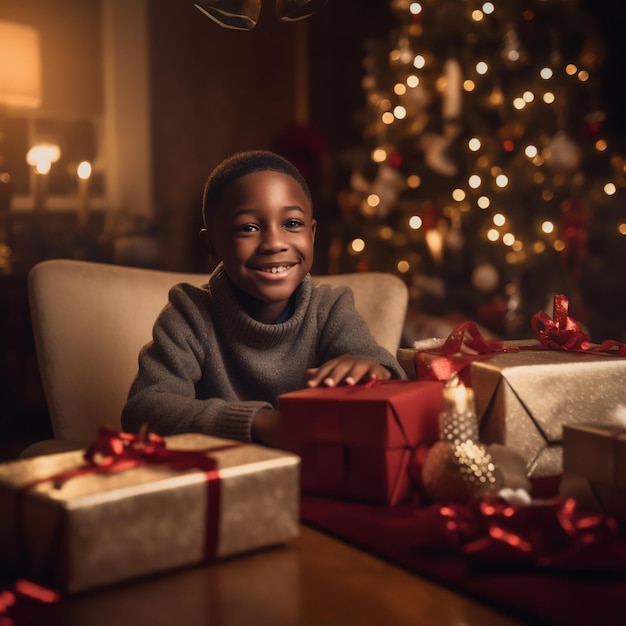 Мальчик сидит за столом с подарками и елкой на заднем плане