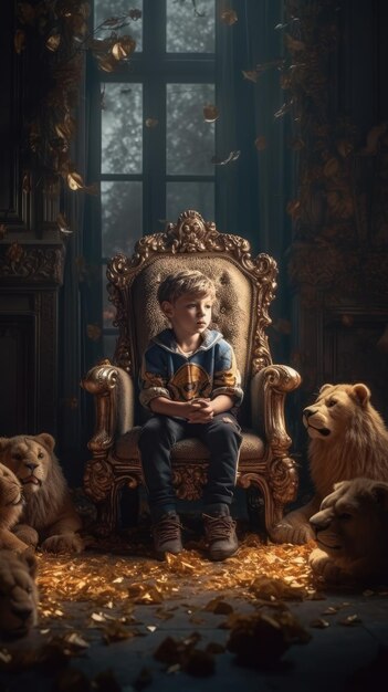 A boy sits in a throne with a lion on it