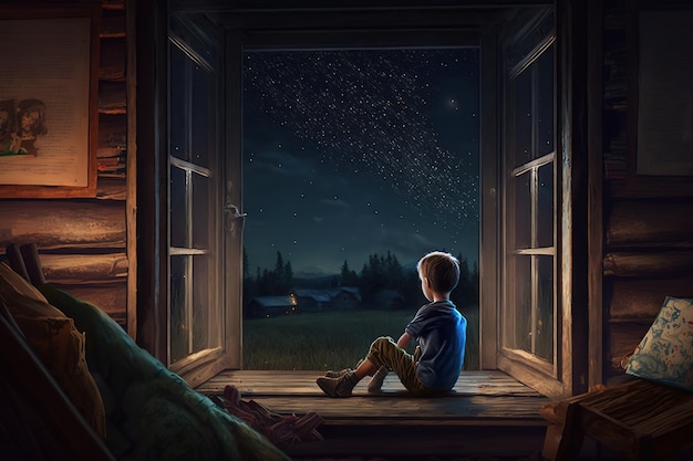 A boy sits in a window looking at the stars.