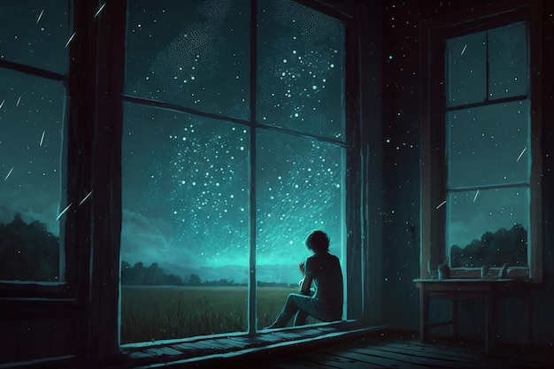 A boy sits in a window looking at the stars.