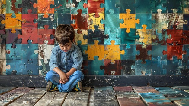 a boy sits on a wooden floor with a puzzle that says  a puzzle