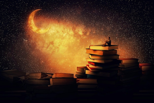 boy sitting alone on a pile of books looking a the new moon magic night scene