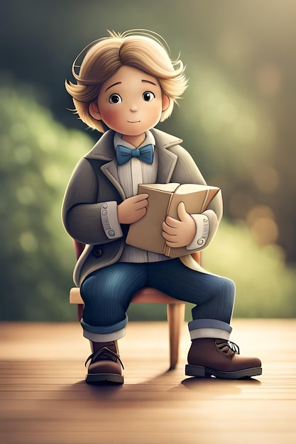 A boy sitting on a bench reading a book.