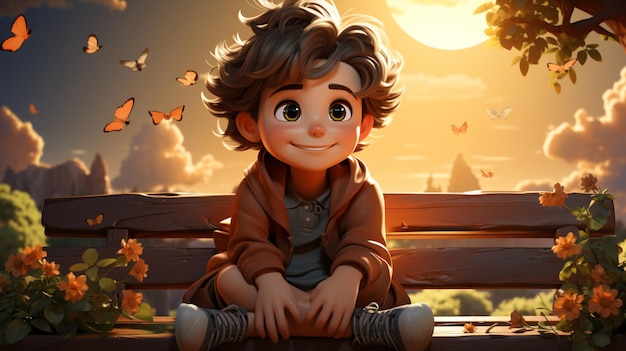 A boy sitting on a bench with a tree in the background cartoon illustration