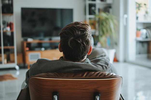 a boy sitting in a chair watching tv