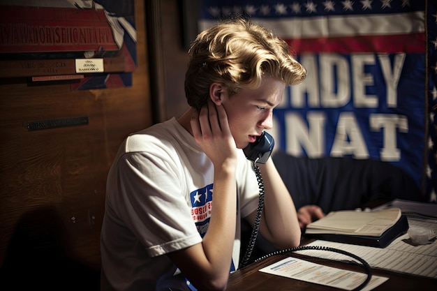 A boy sitting at a desk talking on the phone