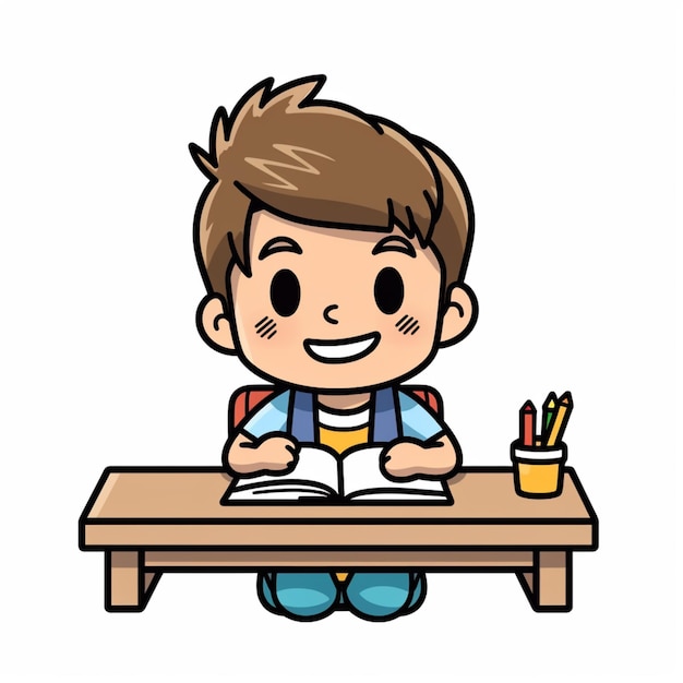 a boy sitting at a desk with a book and pencils generative ai