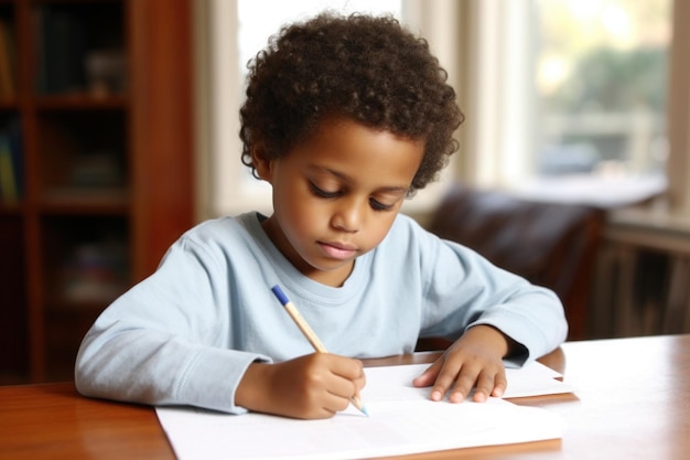 boy sitting at a desk writing with a pencil on a white paper doing his homework