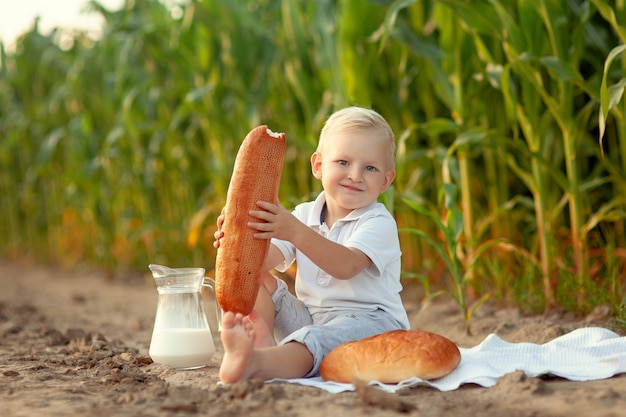 Boy sitting in a field of corn on a picnic