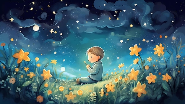 A boy sitting in a field with stars and a star