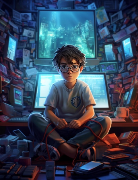 boy sitting on the floor in front of a computer desk with many books generative ai