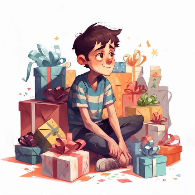 Мальчик сидит на полу, вокруг него много подарков.
