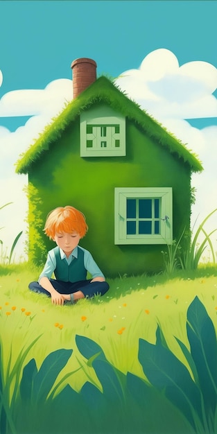 A boy sitting in front of a fabulous house