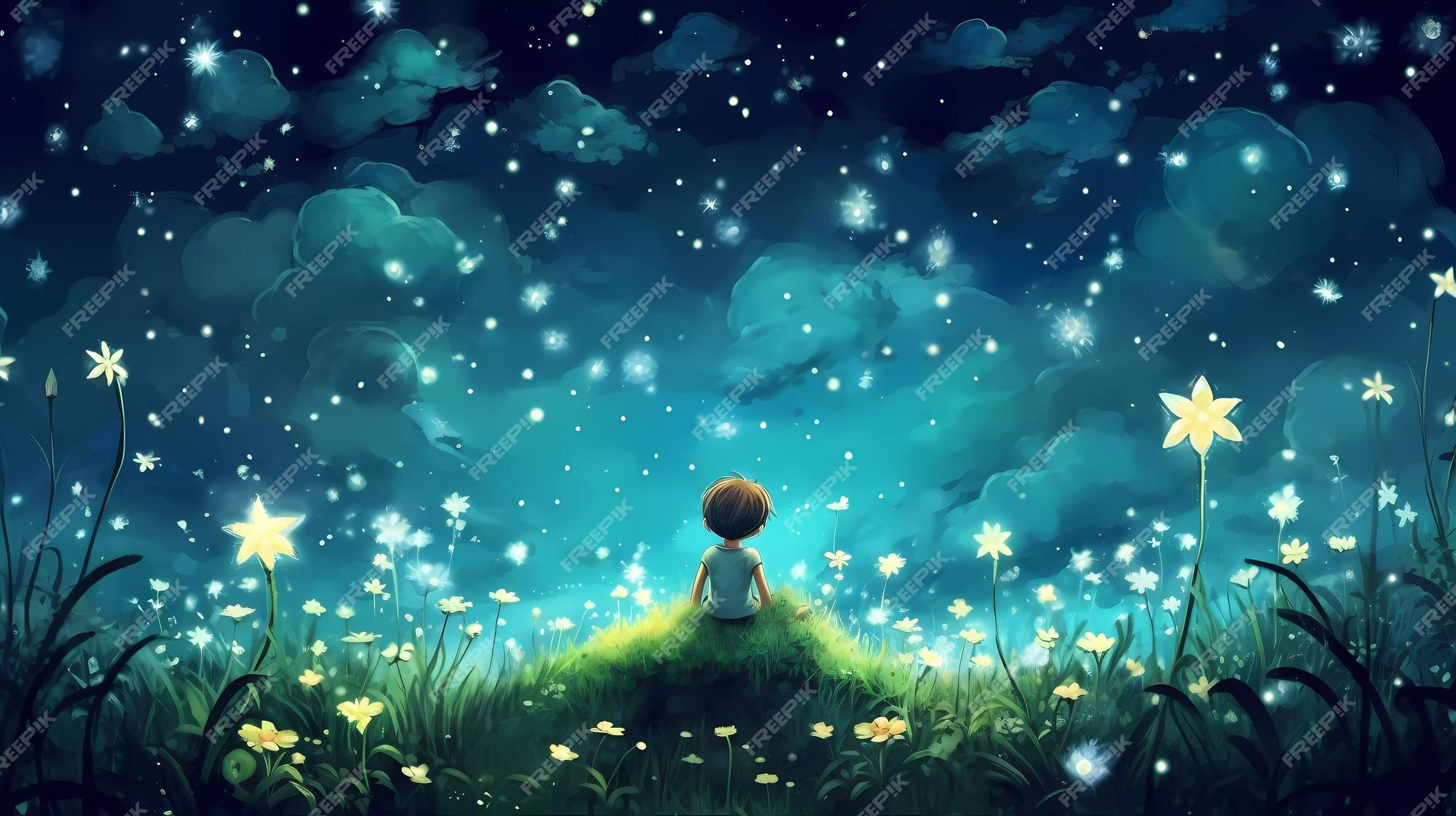 Premium AI Image | A boy sitting on a grass looking at the stars