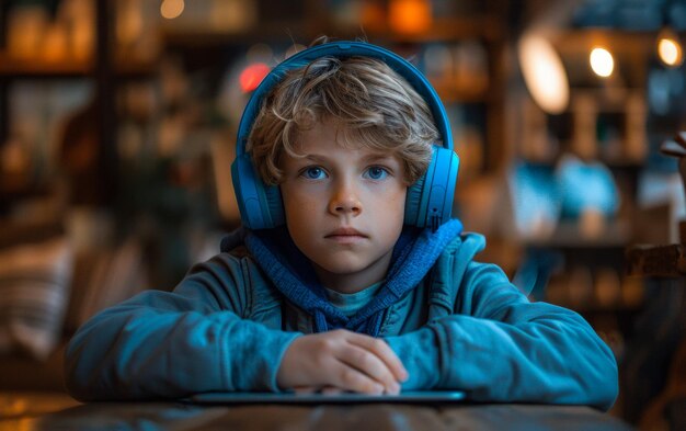 Boy sitting at the table with headphones and tablet in cafe