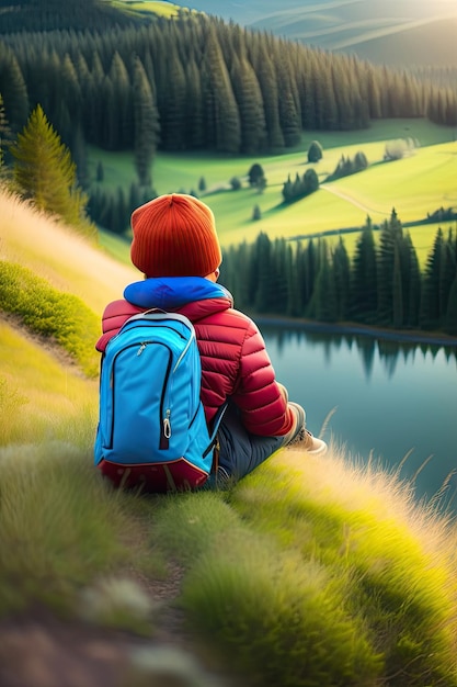 Boy sitting on top of hill in grass field and enjoying beautiful landscape view