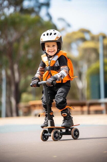 Photo boy skateboarding at a skatepark while wearing protective gear