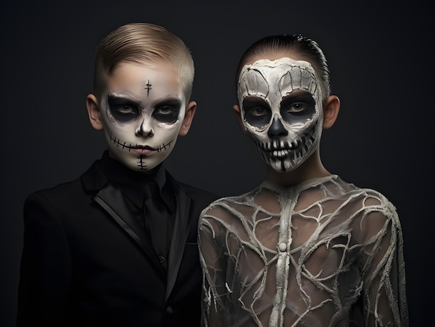 A boy and a skeleton are posing for a photo for halloween