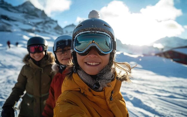 写真 雪山でスキーゴーグルとスキーヘルメットを着た友達と一緒にスキーをする少年