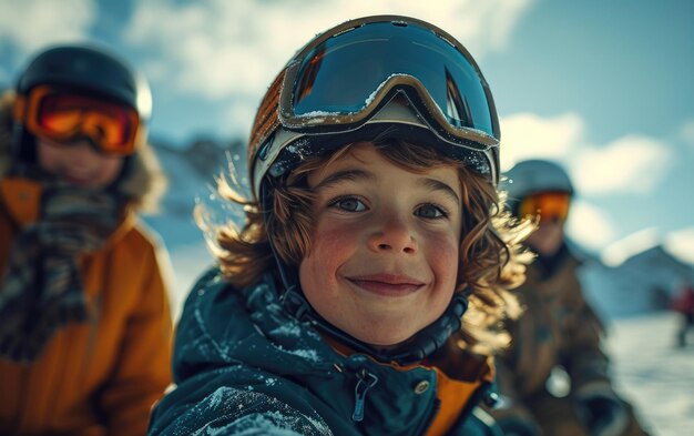 Photo boy skier with friends with ski goggles and ski helmet on the snow mountain