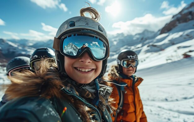 雪山でスキーゴーグルとスキーヘルメットを着た友達と一緒にスキーをする少年