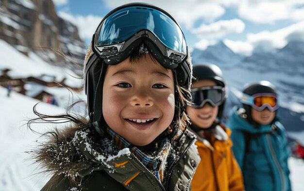 Foto ragazzo sciatore con gli amici con occhiali da sci e casco da sci sulla montagna innevata