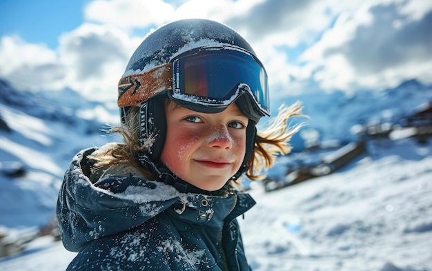 雪山でスキーゴーグルとスキーヘルメットをかぶった少年スキーヤー