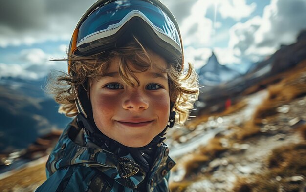 雪山でスキーゴーグルとスキーヘルメットをかぶった少年スキーヤー