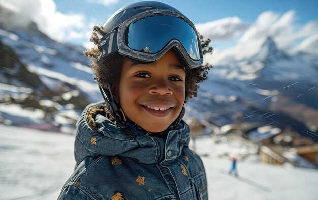 雪山でスキーゴーグルとスキーヘルメットをかぶった少年スキーヤー